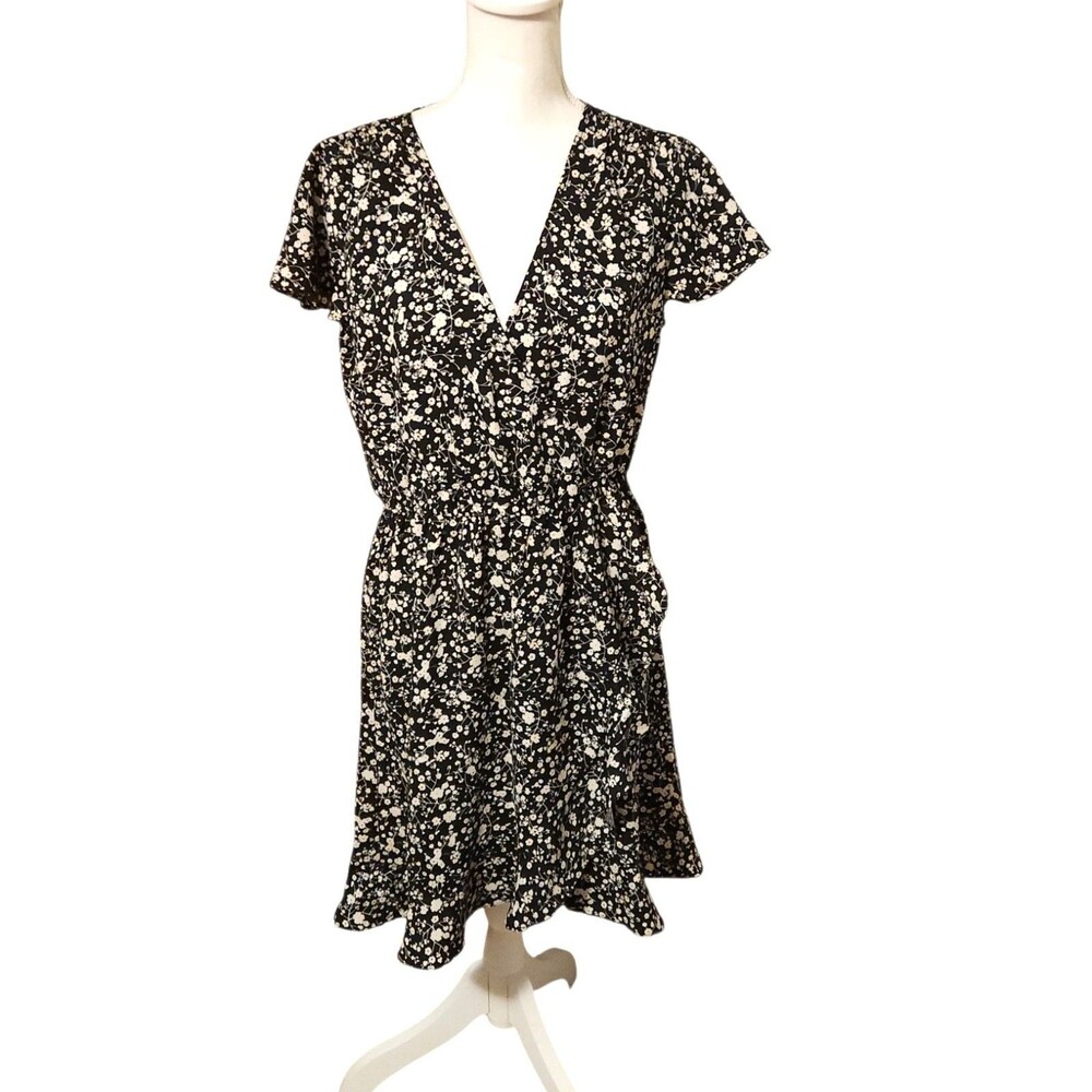 J. Crew Mercantile Faux Wrap Mini Dress Ruffle Black/White Floral Womens Size M